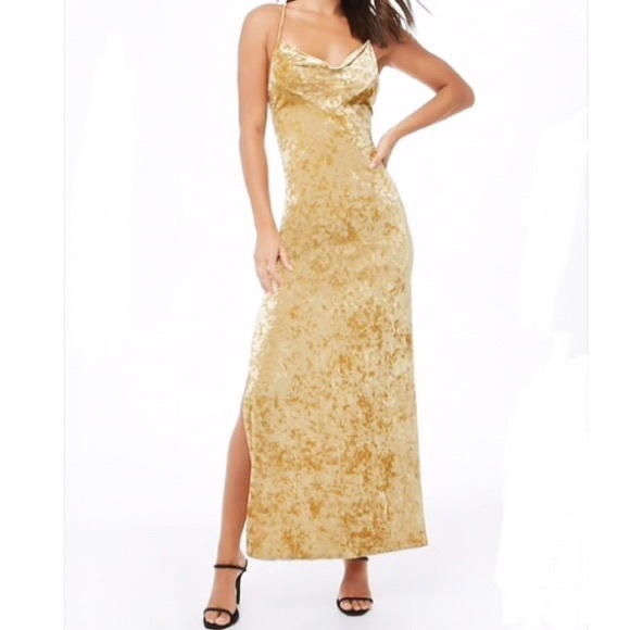 Dresses & Skirts - CRUSHED VELVET LACE UP GOLD MAXI DRESS